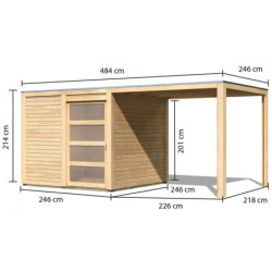 Abri en bois massif 19mm  avec appentis Qubic 6,05m² - Karibu