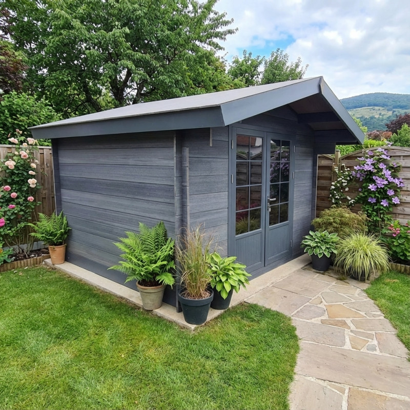 Abri de jardin composite gris foncé 14,44m² porte alu Woodlife