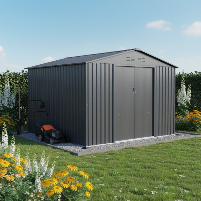Abri métal First 100% Anthracite 8,84m²  + Kit ancrage X-METAL