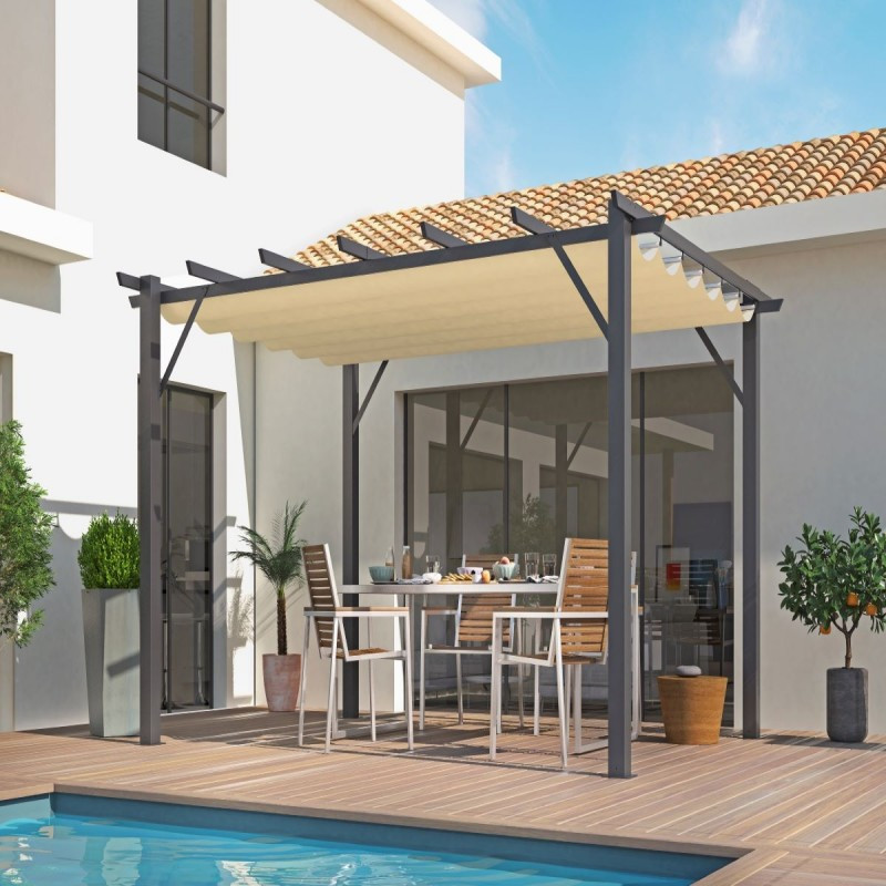 Pergola 12m² HABRITA aluminium anthracite avec toile d'ombrage écru