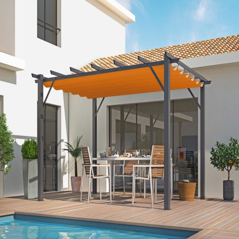 Pergola 12m² HABRITA aluminium anthracite avec toile d'ombrage rouille