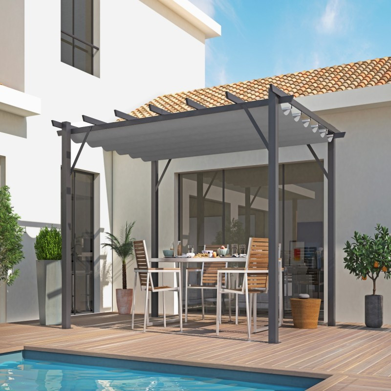 Pergola 12m² HABRITA 100% alu anthracite+toile d'ombrage 280gr/m² gris