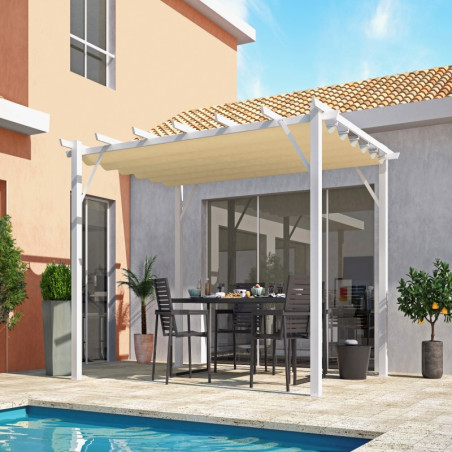 Pergola 12m² HABRITA aluminium coloris blanc avec toile d'ombrage écru