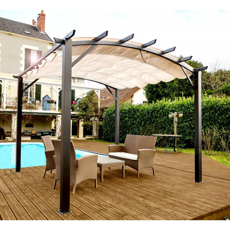 Pergola arche 11,22m² HABRITA alu/acier gris + toile d'ombrage écru