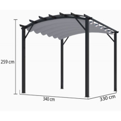 Pergola arche 11,22m² HABRITA alu/acier gris + toile d'ombrage gris