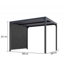 Pergola bioclimatique 10,80m² alu + toit lames ovales + rideau HABRITA