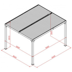Pergola bioclimatique 10,80m² alu + toit lames ovales + rideau HABRITA