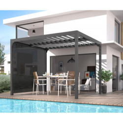 Pergola bioclimatique 10,80m² alu + toit lames ovales + rideau HABRITA