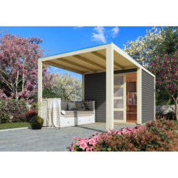Abri en bois massif 19mm  avec appentis Qubic 6,05m² gris terre - Karibu