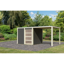 Abri en bois massif 19mm  avec appentis Qubic 6,05m² gris terre - Karibu