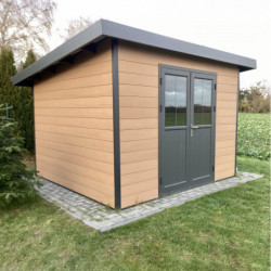 Abri toit plat en composite couleur bois 9m² porte alu Woodlife Garden