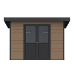Abri toit plat en composite couleur bois 9m² porte alu Woodlife Garden