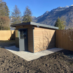 Abri toit plat en composite couleur bois 9m² porte alu Woodlife Garden