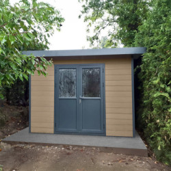 Abri toit plat en composite couleur bois 9m² porte alu Woodlife Garden