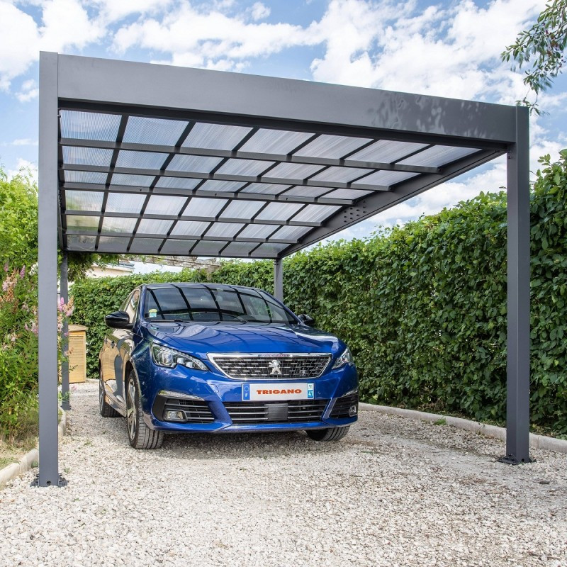 Carport 1 voiture en alu 16m² anthracite toit polycarbonate TRIGANO