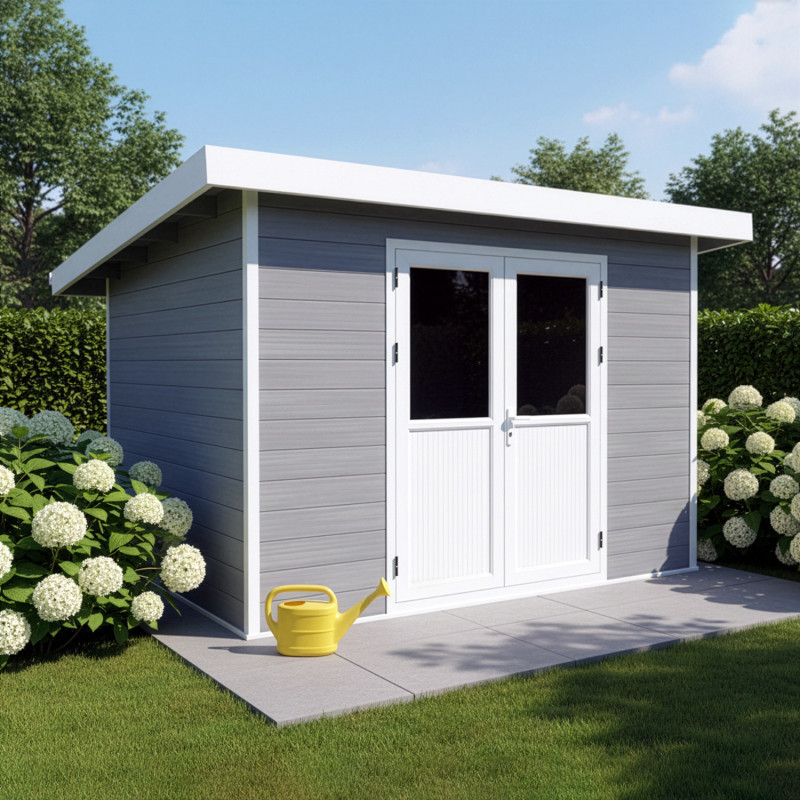 Abri toit plat en composite couleur gris clair 9m² porte alu Woodlife Garden