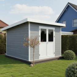 Abri toit plat en composite couleur gris clair 9m² porte alu Woodlife Garden