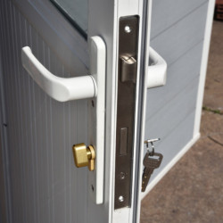 Abri toit plat en composite couleur gris clair 9m² porte alu Woodlife Garden