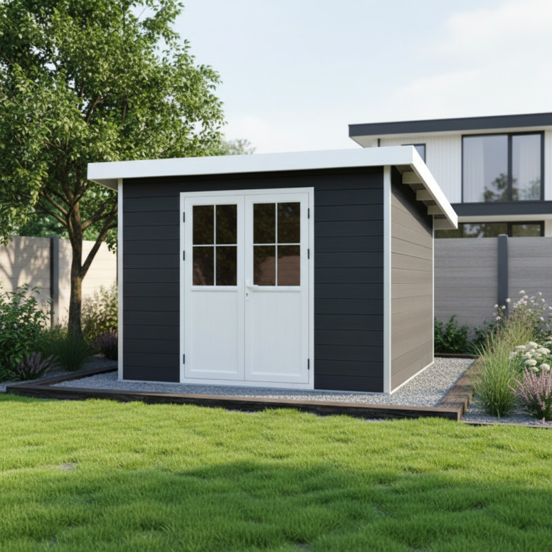 Abri toit plat en composite couleur anthracite 4,41m² porte alu Woodlife Garden