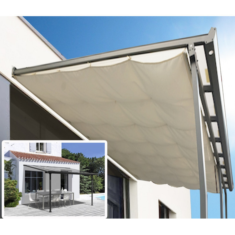 Toit de terrasse en alu et polycarbonate 9,21m² avec rideau Habrita