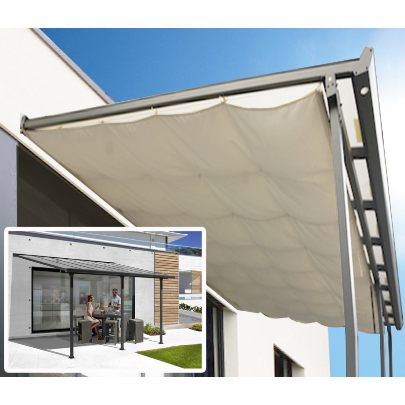 Toit de terrasse en alu et polycarbonate 12,83m² avec rideau Habrita