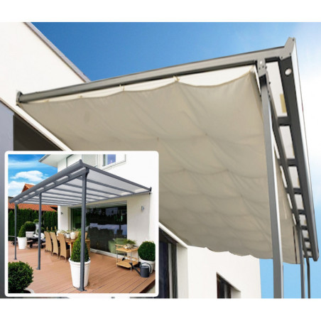 Toit de terrasse en alu et polycarbonate 15,38m² avec rideau Habrita