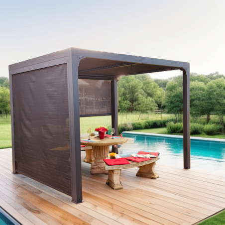 Pergola bioclimatique 7,20m² alu, lames orientables, 2 rideaux HABRITA