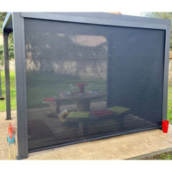 Pergola bioclimatique 7,20m² alu, lames orientables, 2 rideaux HABRITA