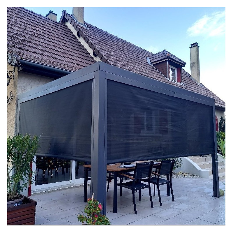 Pergola bioclimatique 10,80m² alu gris + 2 rideaux latéraux HABRITA