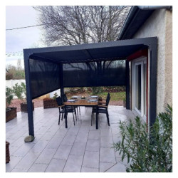 Pergola bioclimatique 10,80m² alu gris + 2 rideaux latéraux HABRITA