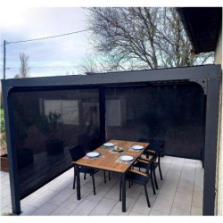 Pergola bioclimatique 10,80m² alu gris + 2 rideaux latéraux HABRITA