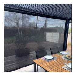 Pergola bioclimatique 10,80m² alu gris + 2 rideaux latéraux HABRITA
