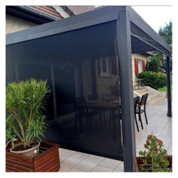 Pergola bioclimatique 10,80m² alu gris + 2 rideaux latéraux HABRITA