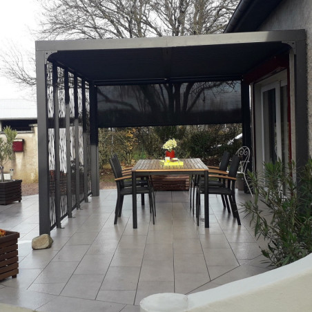 Pergola en alu gris 10,80m² + 5 panneaux déco + rideau latéral Habrita