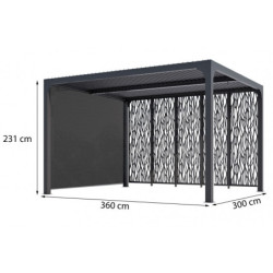 Pergola en alu gris 10,80m² + 5 panneaux déco + rideau latéral Habrita