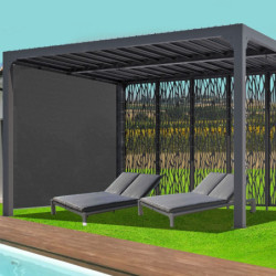 Pergola en alu gris 10,80m² + 5 panneaux déco + rideau latéral Habrita