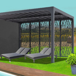 Pergola en alu gris 10,80m² + 5 panneaux déco + rideau latéral Habrita