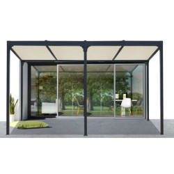 Pergola bioclimatique 21,52m² alu gris + toit avec lames écru HABRITA