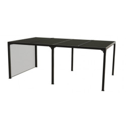 Pergola bioclimatique 21,52m² alu gris, rideau latéral sur 3,6m HABRITA