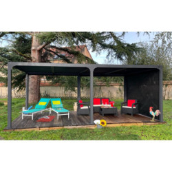 Pergola bioclimatique 21,52m² alu gris, rideau latéral sur 3,6m HABRITA
