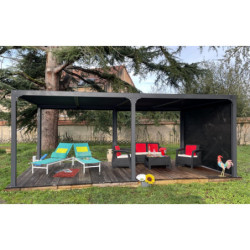 Pergola bioclimatique 21,52m² alu gris, rideau latéral sur 3,6m HABRITA