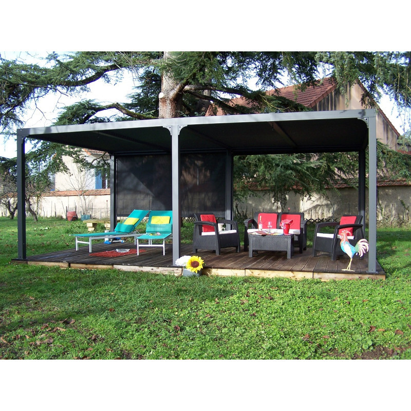 Pergola bioclimatique 21,52m² alu gris, rideau latéral sur 5,98m HABRITA