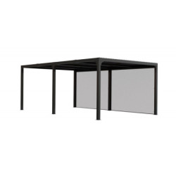 Pergola bioclimatique 21,52m² alu gris, rideau latéral sur 5,98m HABRITA