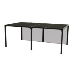 Pergola bioclimatique 21,52m² alu gris, rideau latéral sur 5,98m HABRITA