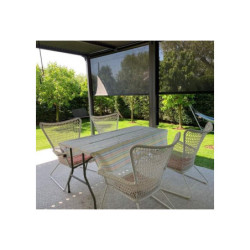 Pergola bioclimatique 21,52m² alu gris, rideau latéral sur 5,98m HABRITA