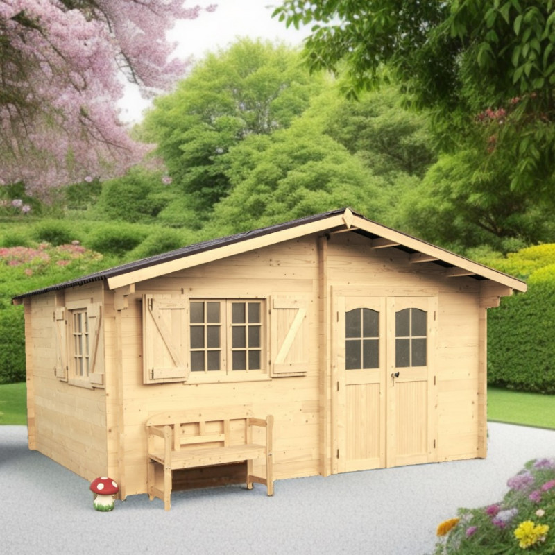 Abri 22,87m², madriers massif 42mm, toit en plaques ondulées - HABRITA