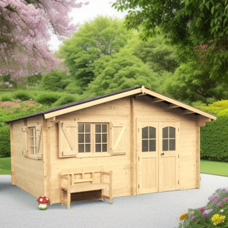 Abri 22,87m², madriers massif 42mm, toit en plaques ondulées - HABRITA