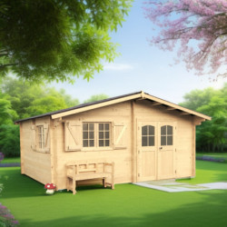 Abri 22,87m², madriers massif 42mm, toit en plaques ondulées - HABRITA