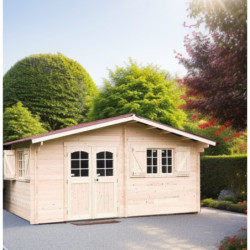 Abri 22,87m², madriers massif 42mm, toit en plaques ondulées - HABRITA