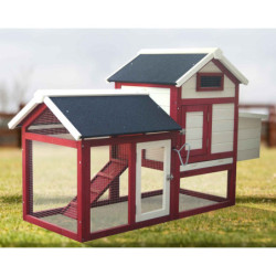 Poulailler rouge et blanc en bois 10mm FSC pour 2 à 3 poules, 0,94m²